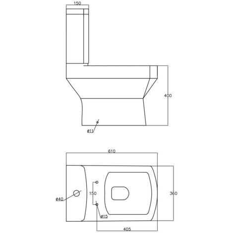 Close Coupled Bathroom Toilet White Ceramic WC 360mm Square Space Saving Pan with Soft Close Seat
