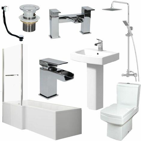 Bathroom Suite L Shape LH Bath Screen & Rail Basin Pedestal WC Shower Tap Set