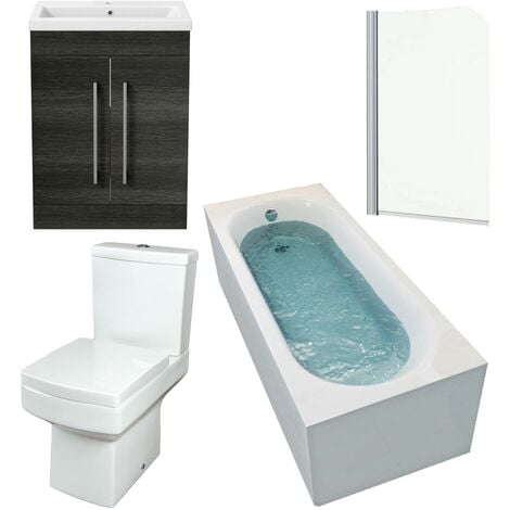 Bathroom Suite 1700 Straight Bath Screen Toilet Basin Vanity Unit Charcoal Grey