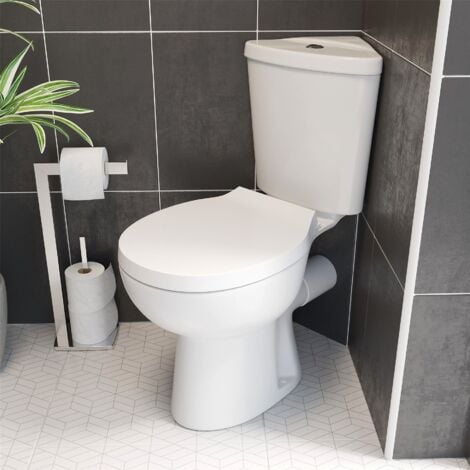 Corner Close Coupled Bathroom Toilet White Ceramic WC 365mm Oval Pan with Soft Close Seat