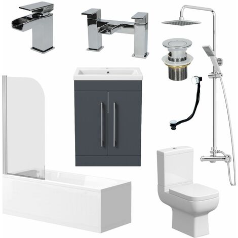 Complete Bathroom Suite 1700 Bath Screen WC Toilet Vanity Basin Taps Shower Grey - Grey