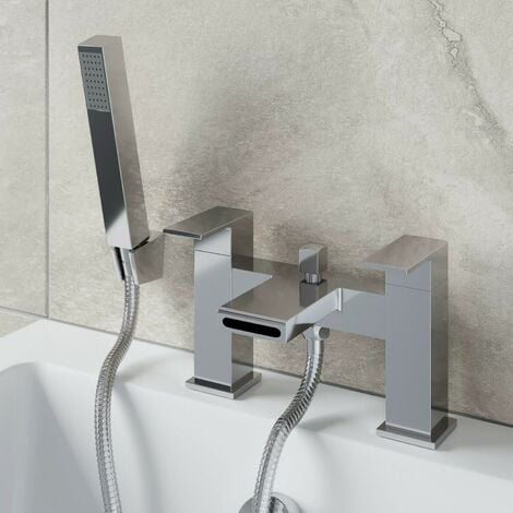 Modern Waterfall Shower Bath Mixer Tap Brass Square Handset Twin Levers Chrome
