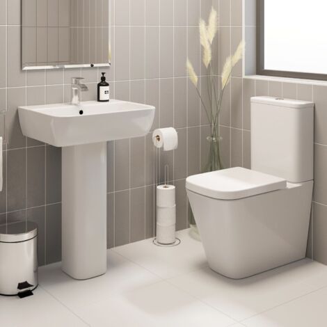 Close Coupled Bathroom Toilet White Ceramic WC 345mm Square Pan with Soft Close Seat