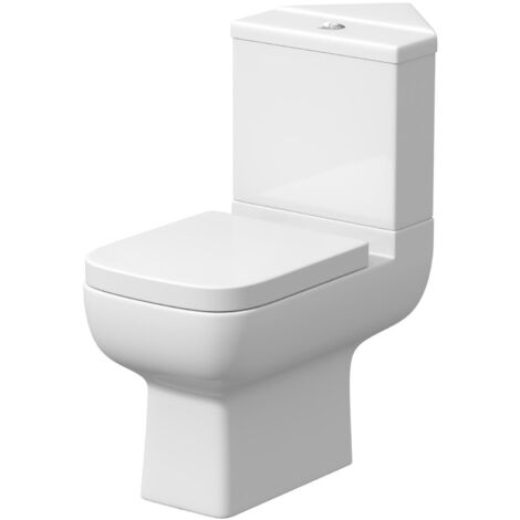 Corner Close Coupled Bathroom Toilet White Ceramic WC 350mm Square Space Saving Pan with Soft Close Seat