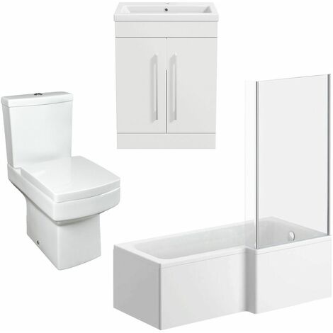 Modern Bathroom Suite 1600 RH L Shape Bath Screen Toilet Basin Vanity Unit White