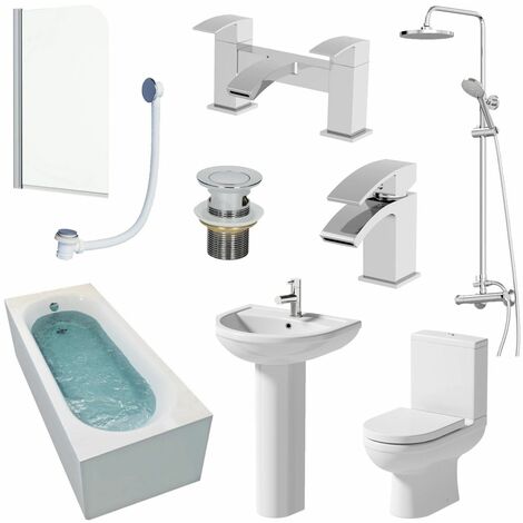 Complete Bathroom Suite 1600mm Bath Shower Toilet Pedestal Basin Taps Screen