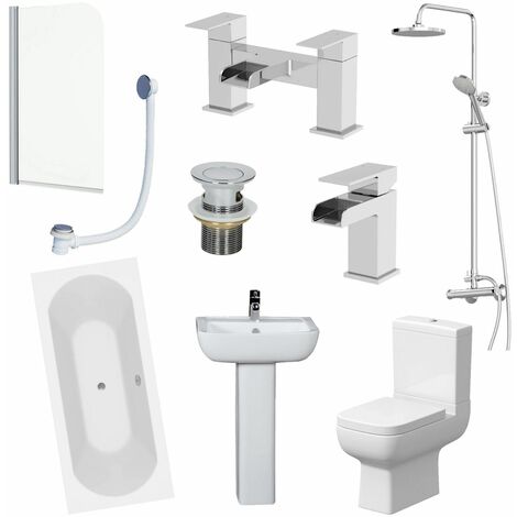 Bathroom Suite 1700mm Double Ended Bath Shower Screen Toilet Basin Pedestal Taps