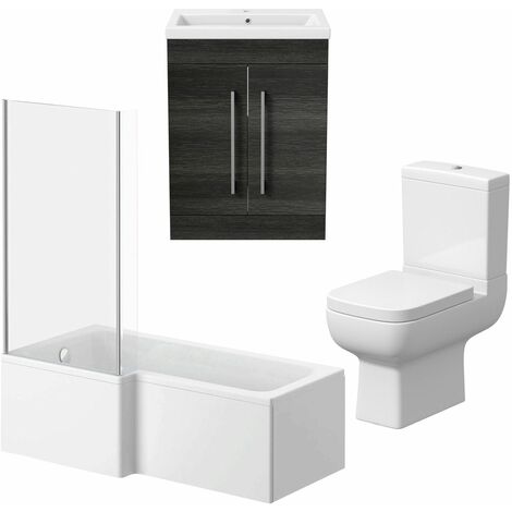 L Shaped Bathroom Suite RH 1500 Bath Screen Toilet Basin Sink Vanity Charcoal