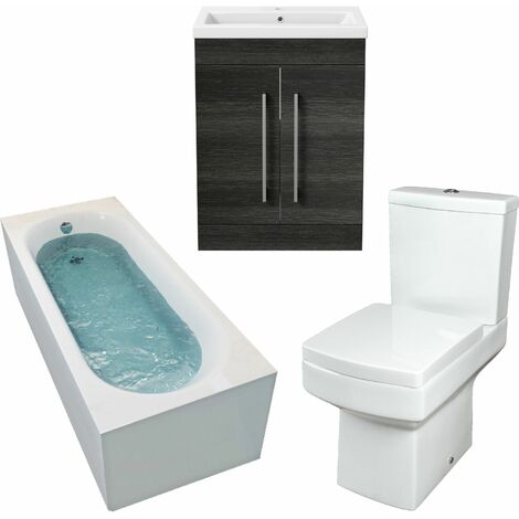 1600mm Bathroom Suite Single Ended Bath Toilet Grey Vanity Unit Basin Modern