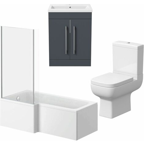 L Shaped Bathroom Suite LH 1600 Bath Screen Toilet Basin Sink Vanity Grey Gloss