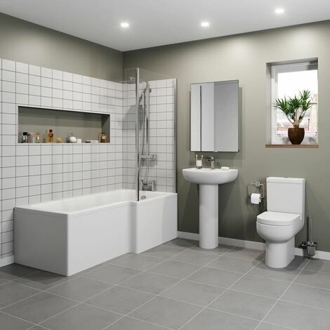 Modern 1500 L Shaped Bathroom Suite RH Showerbath Screen Toilet Basin Pedestal
