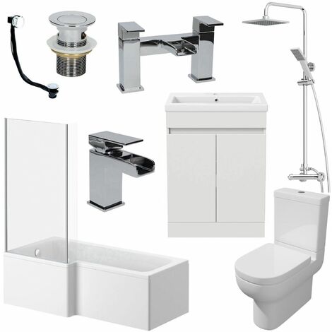 1500mm LH L Shaped Bathroom Suite Bath Shower Screen Basin Taps Toilet Waste