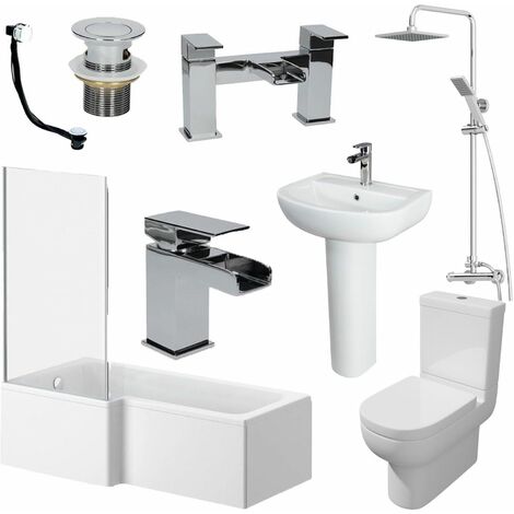 1600mm Bathroom Suite LH L Shaped Bath Screen Basin Toilet Shower Taps Waste