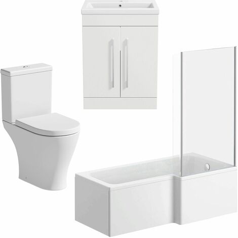 Bathroom Suite 1600mm RH L Shaped Shower Bath Screen Toilet Basin Vanity Unit