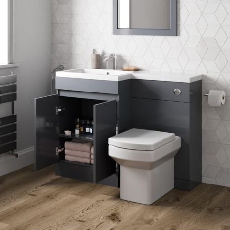 Grey Gloss Bathroom Furniture Vanity Unit Basin Toilet Unit Combination 1100mm Left Hand with Royan Toilet Pan