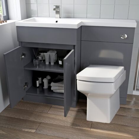 Grey Gloss Bathroom Furniture Vanity Unit Basin Toilet Unit Combination 1100mm Left Hand with Royan Toilet Pan