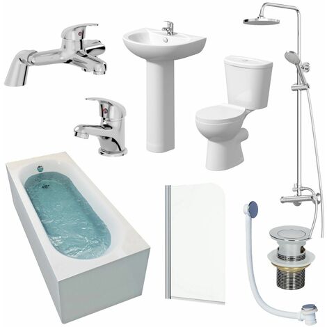 Bathroom Suite 1700mm Single Ended Bath Toilet Basin Pedestal Taps Shower Waste