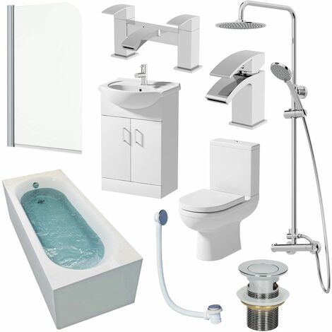 1700mm Single Ended Bathroom Suite Bath Shower Screen Toilet Vanity Basin Taps