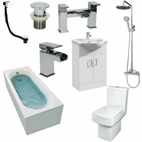 Complete Bathroom Suite 1700mm Bath Screen WC Basin Vanity Unit Shower Taps Set