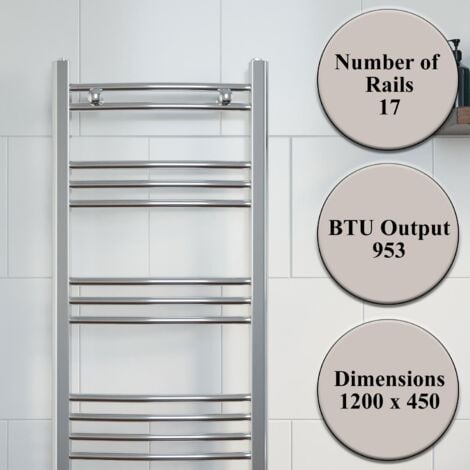 Chrome Curved Heated Towel Rail Bathroom Radiator Ladder Designer 1200 x 450mm