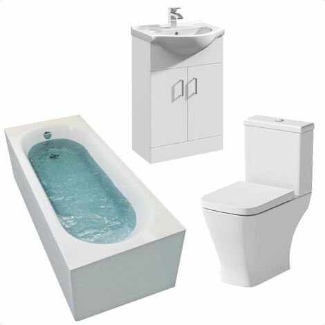Bathroom Suite 1600 x 700 Single Ended Bath Toilet Basin Vanity Unit Gloss White
