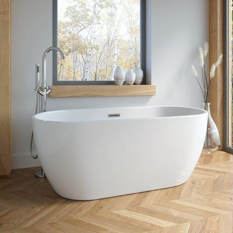 Modern Freestanding Bath Double Ended Overflow Waste White Acrylic Luxury 1500mm - White