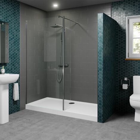 1400 x 800mm Walk In Shower Enclosure Wet Room 700mm Screen 8mm Glass Tray Waste - Clear