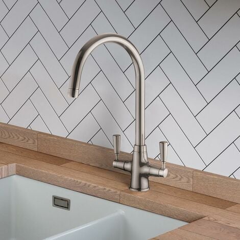 Kitchen Sink Basin Dual Lever Mono Traditional Mixer Tap Swivel Spout Brushed