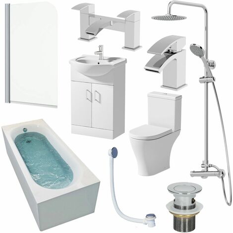 1500mm Bathroom Suite Single Ended Bath Shower Screen Toilet Vanity Basin Taps