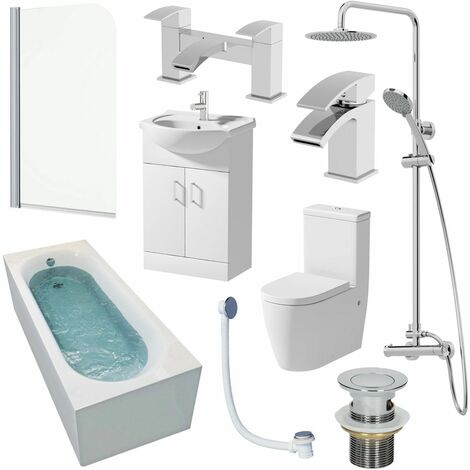 1600mm Single Ended Bathroom Suite Bath Shower Screen Toilet Basin Vanity Taps