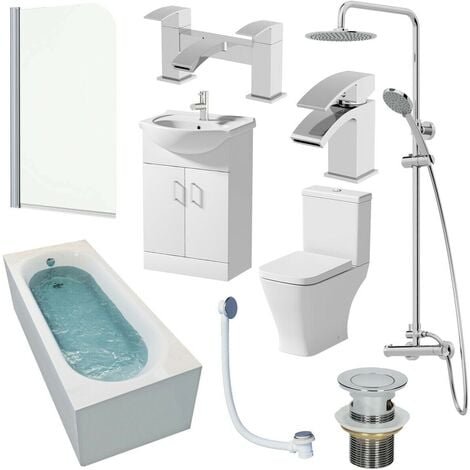 1600mm Bathroom Suite Single Ended Bath Shower Toilet Vanity Basin Taps Screen