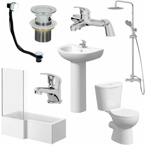 1500mm Essentials Bathroom Suite L Bath Shower Screen Toilet Basin - Left Hand