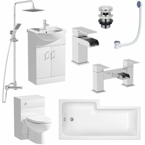 1500mm Bathroom Suite RH L Shaped Bath Vanity Unit BTW Toilet Tap Set Shower - White