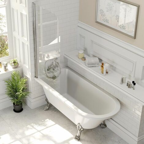 Freestanding 1500mm Traditional Roll Top Bath White Single Ended Legs Screen