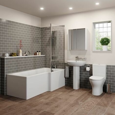 Bathroom Suite 1500mm Right Hand L Shape Shower Bath Toilet Basin Sink Pedestal
