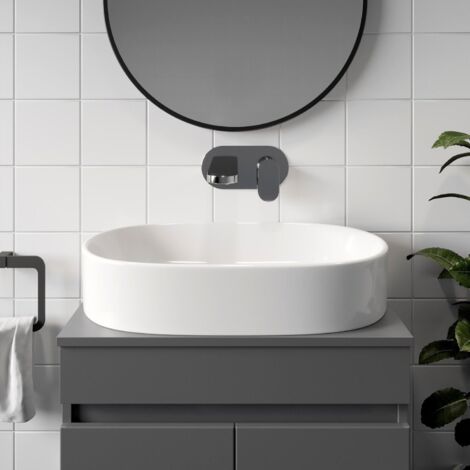 Bathroom Cloakroom Vanity Countertop Wash Basin Sink White Gloss Modern 600x380mm Oval Curved