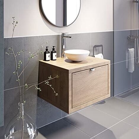 Bathroom Oak Wall Hung Vanity Unit and Basin Sink Cabinet Storage 600mm with 280mm Round White Basin