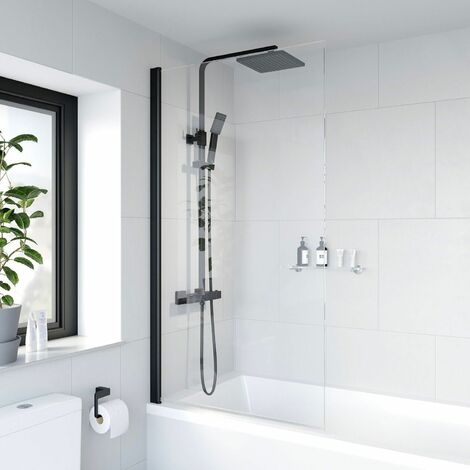 Bath Shower Screen Door Hinged 780mm Frameless Black Clear Safety Glass Panel