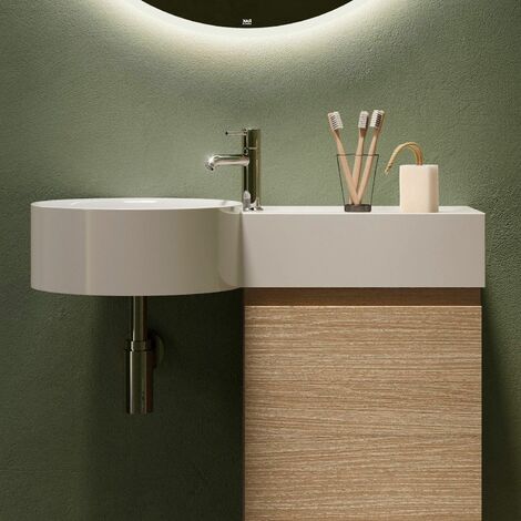 RAK Petit Bathroom Wall Hung Basin Sink Right Ledge Round Storage Alpine White - White