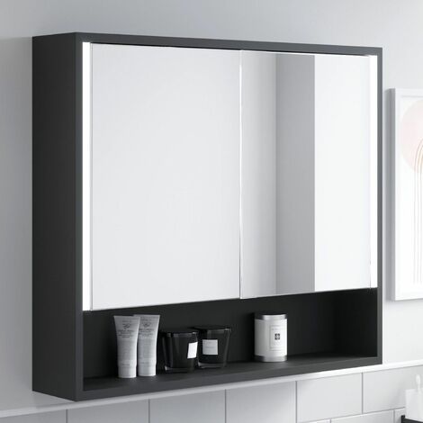 Bathroom Mirror Cabinet LED Wall Mounted 700x800mm Black Demister Shaver Storage