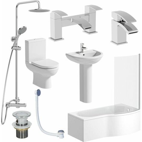 Bathroom Suite 1700mm P Shaped RH Bath Toilet Basin Pedestal Shower Screen Panel