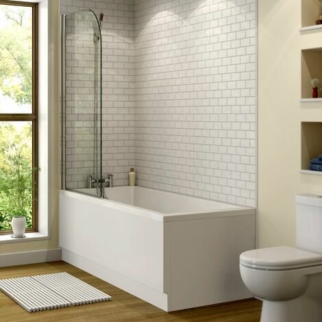 1600mm Bathroom Single Ended Straight Bath 4mm Shower Screen Front Panel White