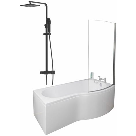 1700mm Bathroom P Shaped Bath Mixer Shower Screen RH White Front Panel