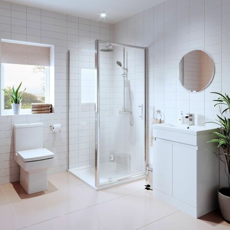 Bathroom Suite Pivot Shower Enclosure Vanity Unit Basin Sink Toilet Tray 760mm
