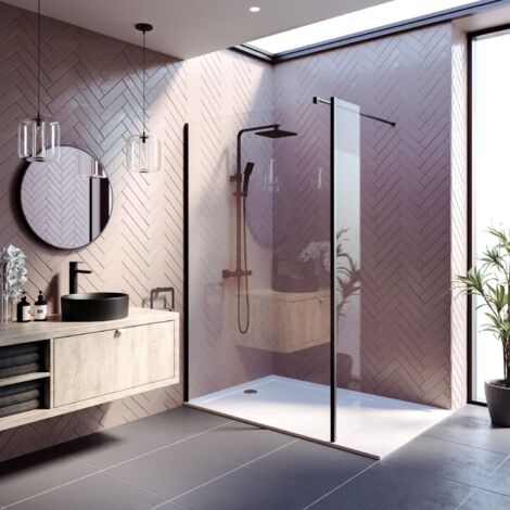 Wet Room Screen 1200mm Walk In Enclosure 8mm Glass Frameless Return Panel Black (1/5)