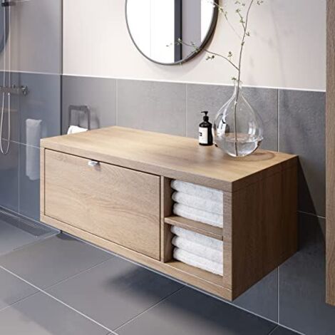 Bathroom Oak Wall Hung Vanity Unit Cabinet Storage Unit 1100mm Right Hand Shelving Unit
