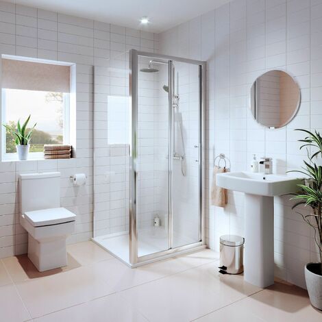 Bathroom Suite Bifold Shower Enclosure Basin Sink Pedestal Toilet WC Tray 900mm