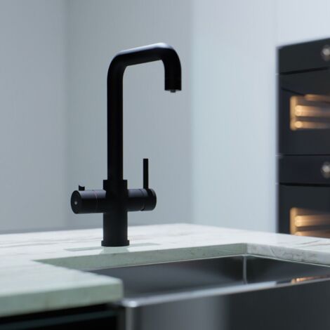 3 in 1 Hot Cold Boiling Water Kitchen Tap Twin Lever Filter Tank Black Curved