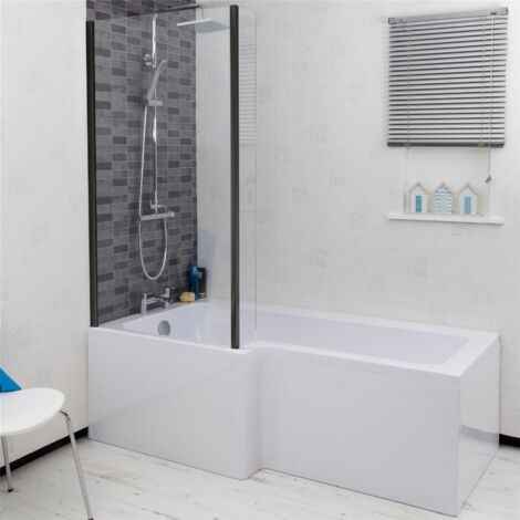 Bathroom L Shaped Bath Black Shower Screen Left Hand Front Panel White 1700mm (1/5)