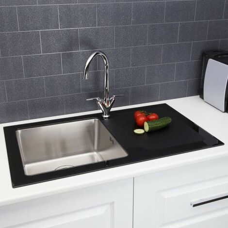 Sauber Kitchen Sink 1.0 Single Bowl Black Glass RH Drainer Stainless Steel Waste